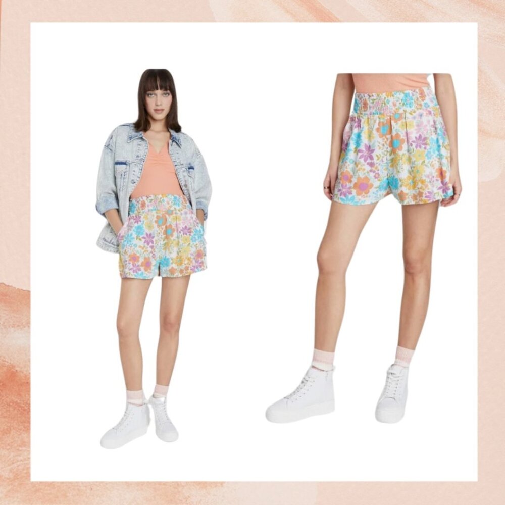 Colorful Floral High-Waist Flirty Linen Blend Shorts